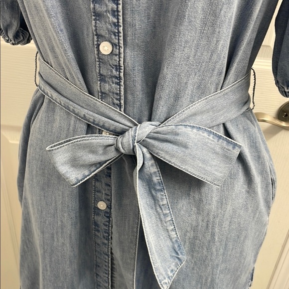 GAP Mini Dress Puff Sleeve Mock Neck Lt Wash Indigo Relaxed Fit Tie Belt Size S - Picture 11 of 13